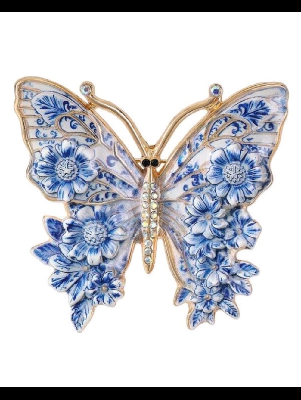 Blue & White Delft Floral Butterfly Brooch Pin